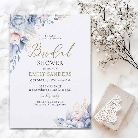 Beautiful Bridal Shower with Flowers Blue Tones Einladung
