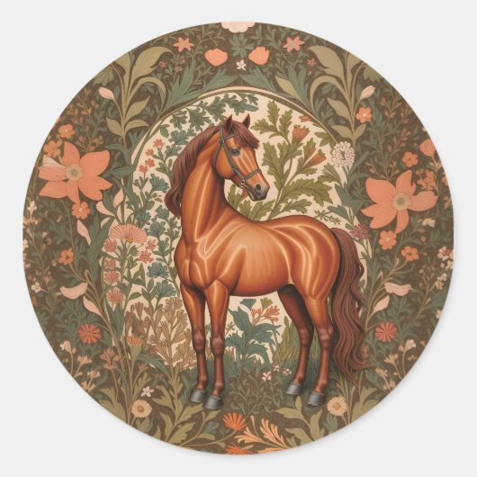 Beautiful Brown Horse William Morris Inspired  Runder Aufkleber (Vorderseite)