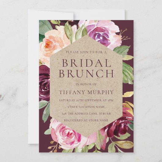 Beautiful Burgund Floral Brautparty Brunch Einladung (Vorderseite)