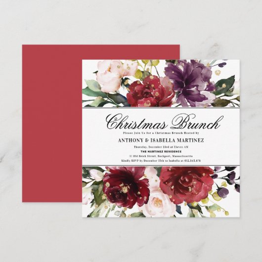 Beautiful Burgundy Red Floral Christmas Brunch Einladung (Vorne/Hinten)