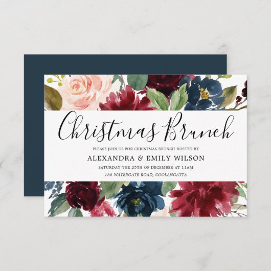 Beautiful Burgundy Red Floral Christmas Brunch Einladung (Vorne/Hinten)