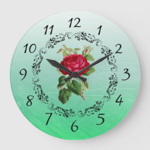 Beautiful burgundy Rose Sage Green Round Clock Große Wanduhr