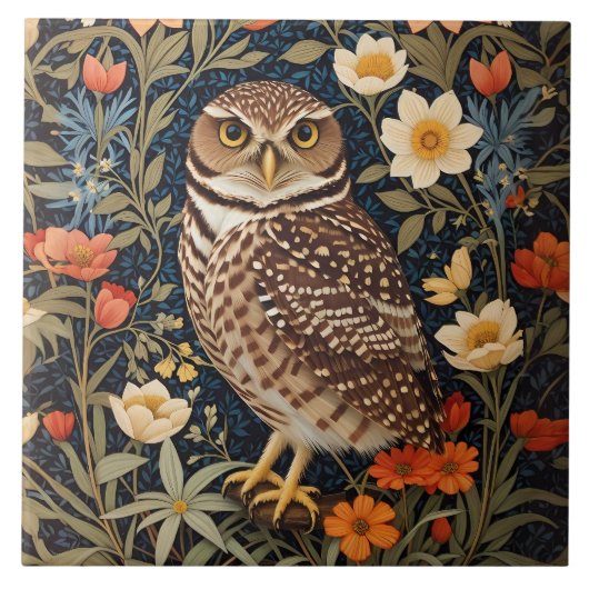 Beautiful Burrowing Owl William Morris Inspiriert Fliese (Vorderseite)