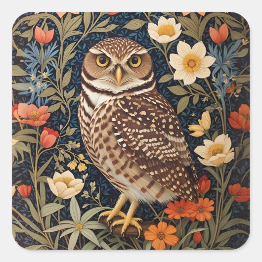 Beautiful Burrowing Owl William Morris Inspiriert Quadratischer Aufkleber (Vorderseite)