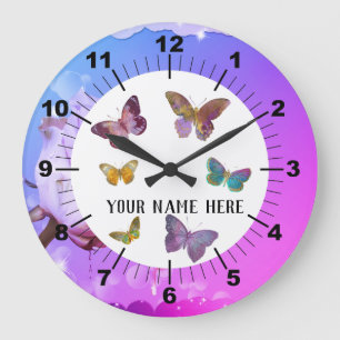 Beautiful Butterflies & Rose Background Große Wanduhr