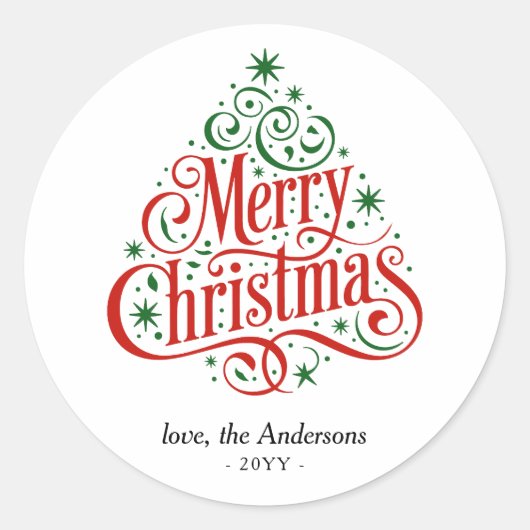 Beautiful Calligraphy Merry Christmas Tree Custom Runder Aufkleber (Vorderseite)