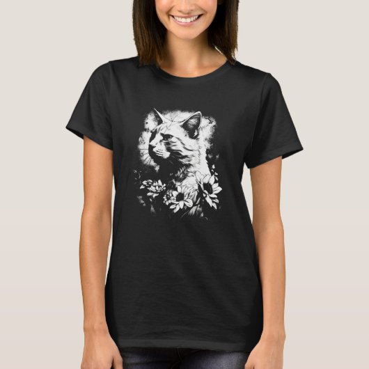 beautiful cat and sunflower silhouette portrait  w T-Shirt (Vorderseite)