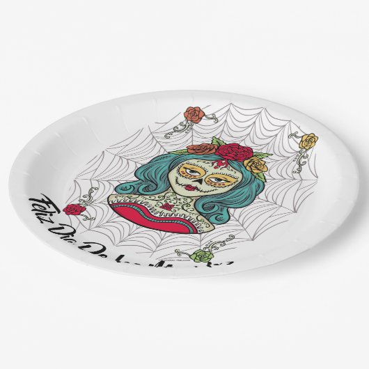 Beautiful Catrina Feliz Día de Muertos Pappteller (Schrägansicht)