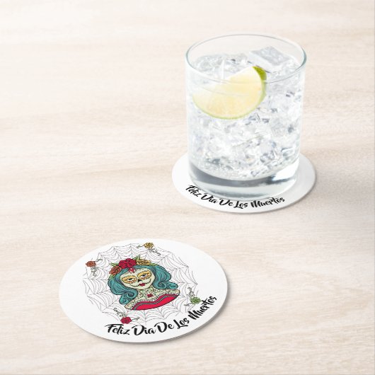 Beautiful Catrina Feliz Día de Muertos Runder Pappuntersetzer (Vor Ort)