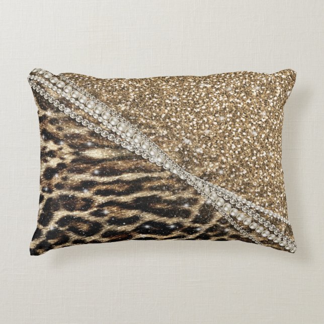 Beautiful Chic Girl Leopard Print Gold Glitzer Dekokissen (Vorderseite)
