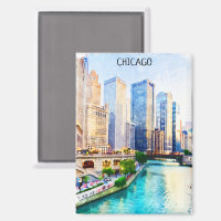 Beautiful Chicago Illinois Watercolor City View