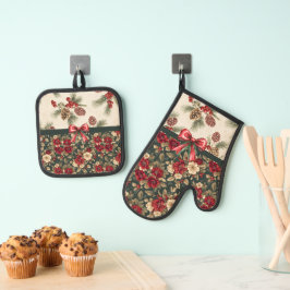 Beautiful Christmas Floral and Pine Cones Ofenhandschuh & Topflappen-Set