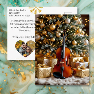 Beautiful Christmas Tree and Violin Festive Poem Feiertagspostkarte