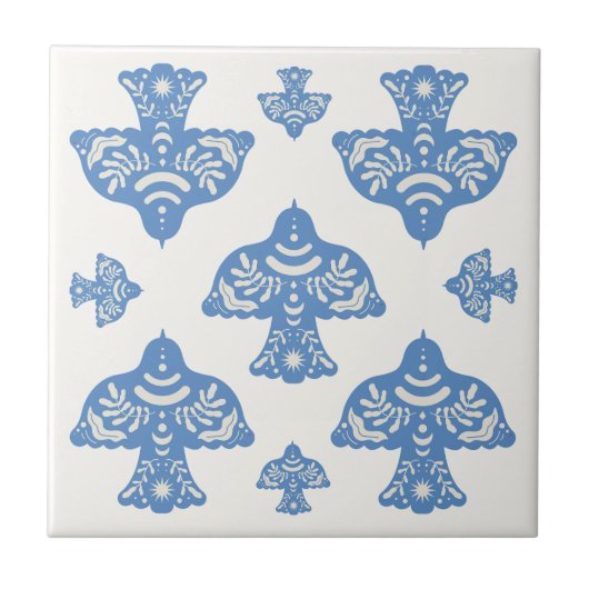 Beautiful classic folk art birds cream white Blue Fliese (Vorderseite)