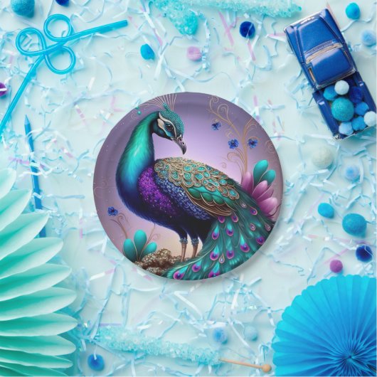 Beautiful Colorful Peacock Pfau Bird Houses Pappteller (Party)
