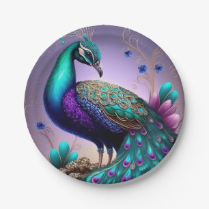 Beautiful Colorful Peacock Pfau Bird Houses Pappteller