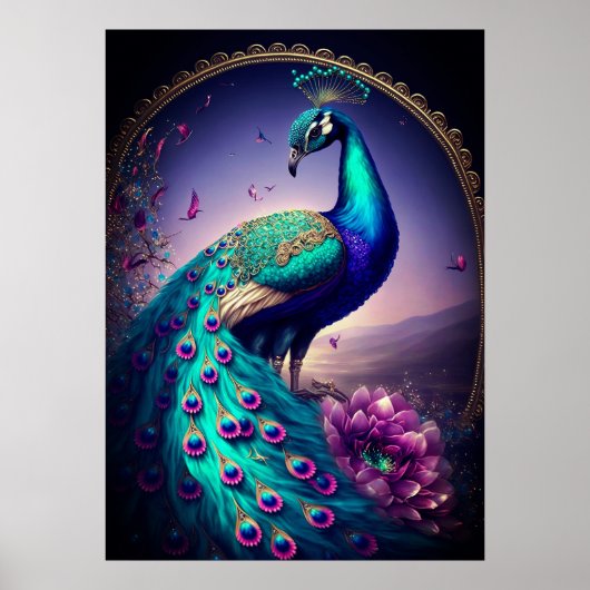 Beautiful Colorful Peacock Pfau Bird Houses Poster (Vorne)