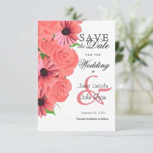 Beautiful Coral Rose & Daisy - Save the Date (Stehend Vorderseite)