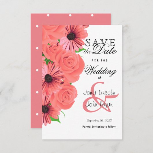 Beautiful Coral Rose & Daisy - Save the Date (Vorne/Hinten)