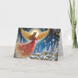 Beautiful Crimson and Gold Angel Christmas Feiertagskarte