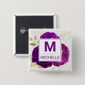 Beautiful Deep Lila and Gold Blume Monogram Button (Vorne & Hinten)