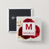 Beautiful Deep Red and Gold Blume Monogram Button (Vorne & Hinten)