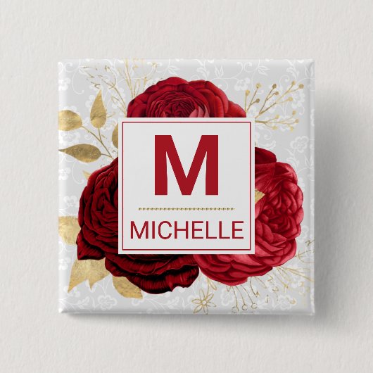Beautiful Deep Red and Gold Blume Monogram Button (Vorderseite)