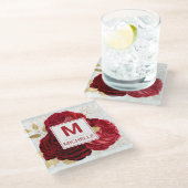 Beautiful Deep Red and Gold Blume Monogram Glasuntersetzer (Schrägansicht)