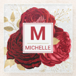 Beautiful Deep Red and Gold Blume Monogram Glasuntersetzer