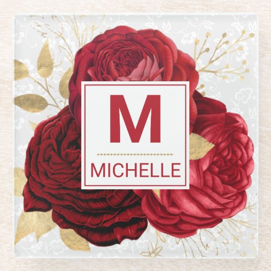 Beautiful Deep Red and Gold Blume Monogram Glasuntersetzer (Vorderseite)