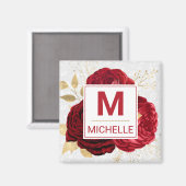 Beautiful Deep Red and Gold Blume Monogram Magnet (Vorderseite/Rückseite)
