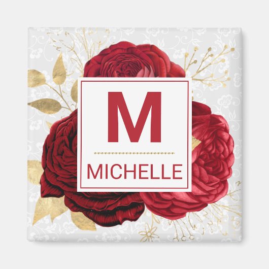 Beautiful Deep Red and Gold Blume Monogram Magnet (Vorne)