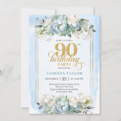 Beautiful dusty blue and gold 90th birthday invite einladung (Vorderseite)