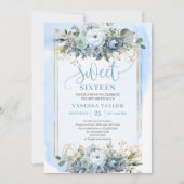 Beautiful Dusty Blue White Gold Blume Sweet 16 Einladung (Vorderseite)