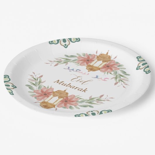 Beautiful Eid Mubarak|Ramadan Blume Wreath Lamp Pappteller (Schrägansicht)