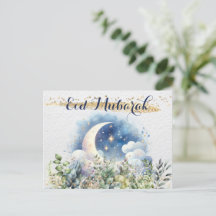 Beautiful Eid Mubarak Watercolor Moon Foliage Gold