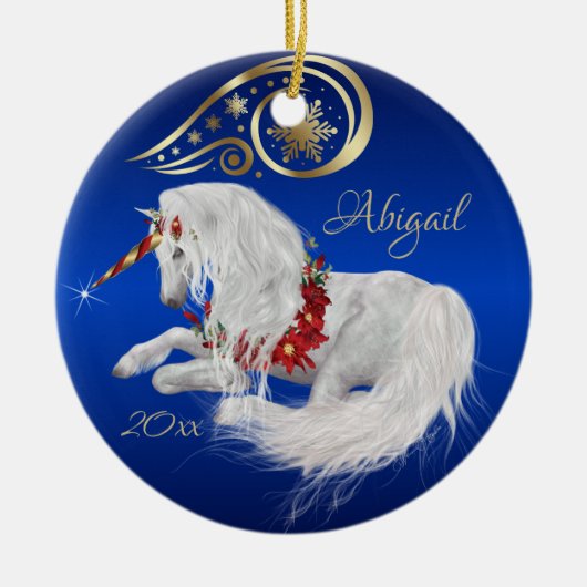 Beautiful Fantasy Christmas Unicorn Joy Blue Keramik Ornament (Vorne)