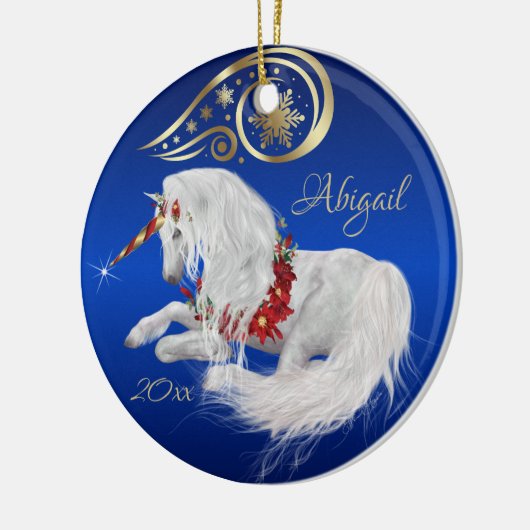 Beautiful Fantasy Christmas Unicorn Joy Blue Keramik Ornament (Links)