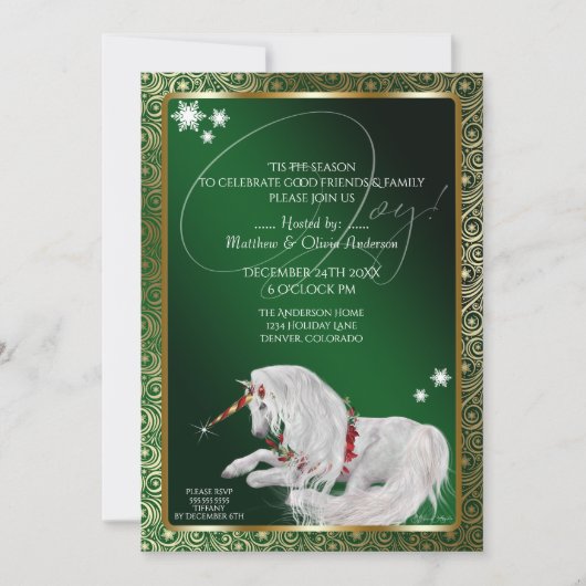 Beautiful Fantasy Christmas Unicorn Joy Green Einladung (Vorderseite)