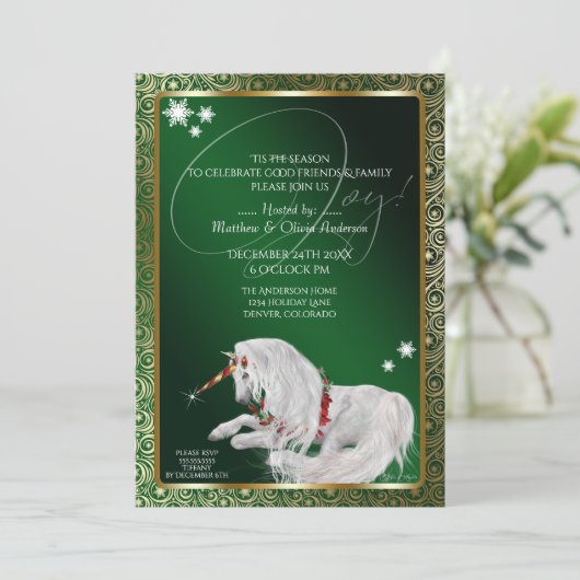 Beautiful Fantasy Christmas Unicorn Joy Green Einladung (Stehend Vorderseite)