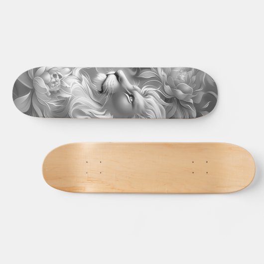 Beautiful Fantasy Gray Scale Lion & Florals Skateboard (Horizontal)