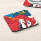 "Beautiful Fashion Woman with Coffee Cup" Pop Art Getränkeuntersetzer (Linke Seite)