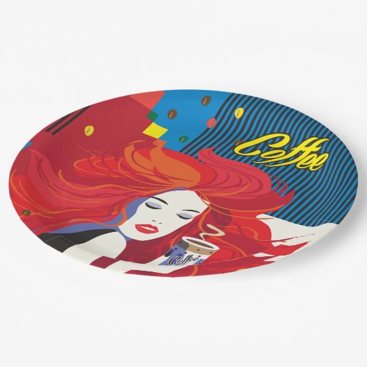 "Beautiful Fashion Woman with Coffee Cup" Pop Art Pappteller (Schrägansicht)