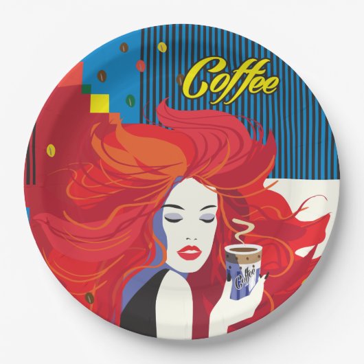 "Beautiful Fashion Woman with Coffee Cup" Pop Art Pappteller (Vorderseite)