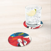 "Beautiful Fashion Woman with Coffee Cup" Pop Art Runder Pappuntersetzer (Vor Ort)