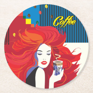 "Beautiful Fashion Woman with Coffee Cup" Pop Art Runder Pappuntersetzer