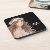 Beautiful Floral Anime Girl – Soft Pastel Aesthe Getränkeuntersetzer (Linke Seite)