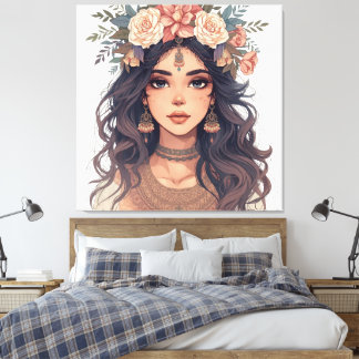 Beautiful Floral Anime Girl – Soft Pastel Aesthe Leinwanddruck