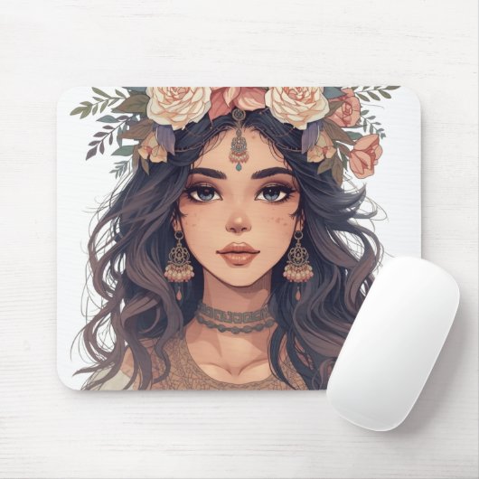Beautiful Floral Anime Girl – Soft Pastel Aesthe Mousepad (Mit Mouse)