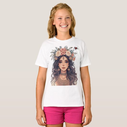 Beautiful Floral Anime Girl – Soft Pastel Aesthe T-Shirt (Vorne ganz)